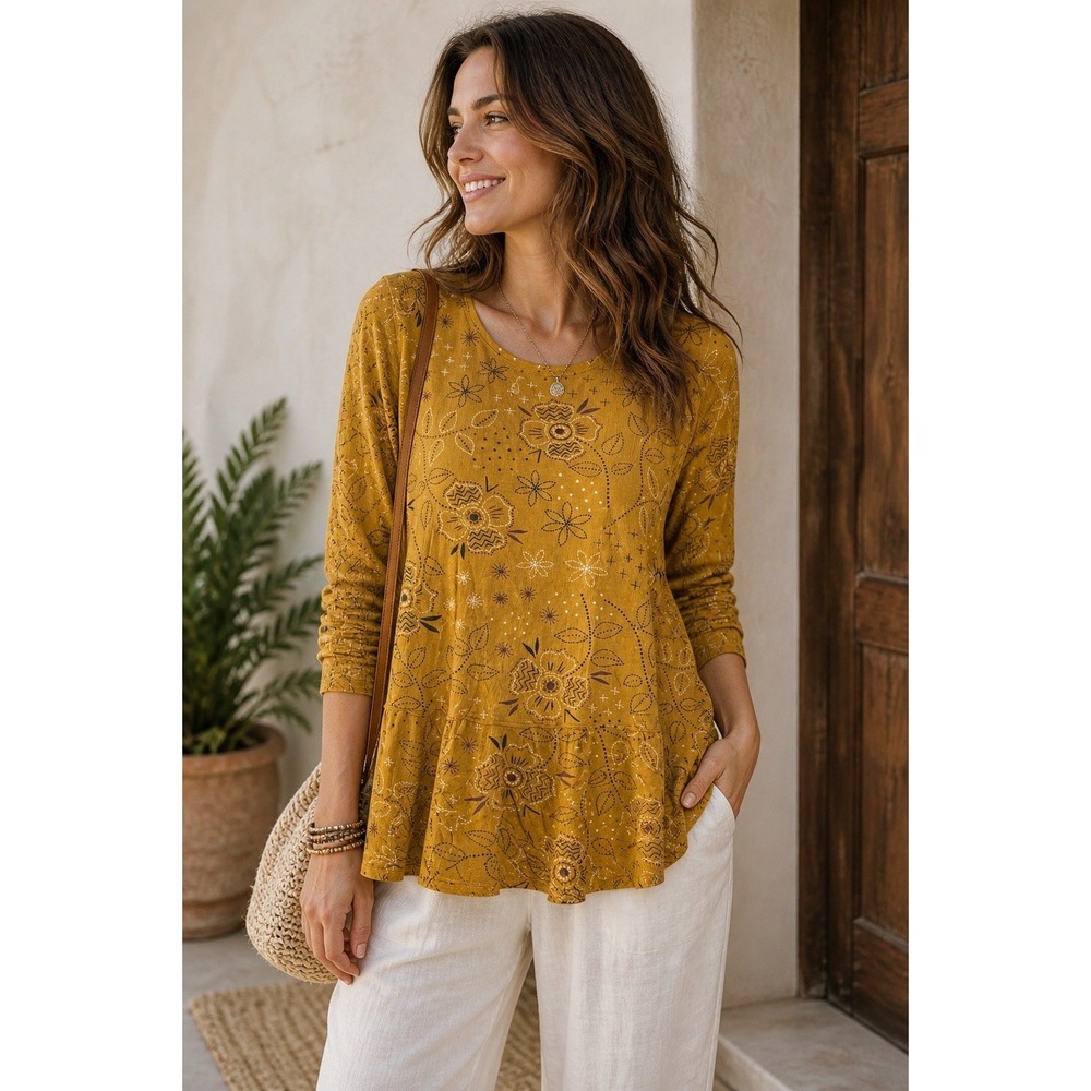 GUDRUN SJODEN Top Nuu Mustard Floral Tunic Blouse NWT Small Stretch Lyocell Boho